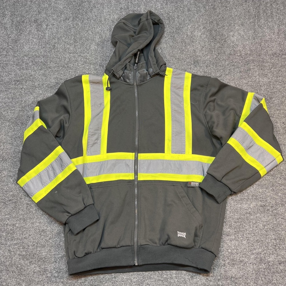 Tough Duck Hoodie Mens Large Gray Hi Vis Reflective Full Zip Safety Workwear
